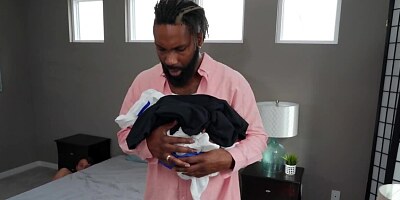 Big-tittied girl makes boyfriend leave the bedroom and has sex