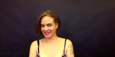 Tattooed, blonde teen with blue eyes is using her deep throat to satisfy a black man