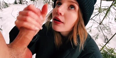 Blowjob outdoors in winter, pussy cute teen fucked in the forest - Red Fox