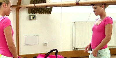 Skinny gymnast girl works out and masturbates in front of mirror