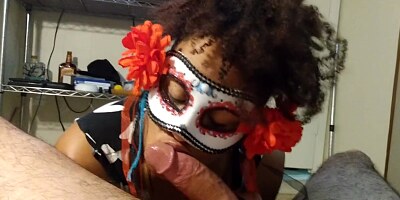 Masquerade ball mask ebony blowjob cumshot swallow