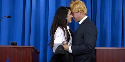 A sexy brunette is taking care of the horny pussy grabber