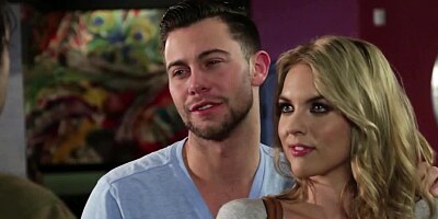 A horny slut is on the bed, her tits getting massaged and pussy licked