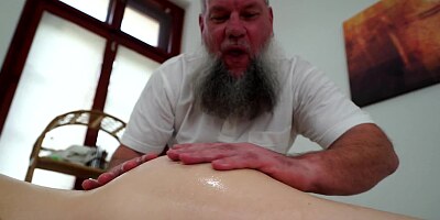 Old masseur with shaggy beard licks and fucks client's pussy
