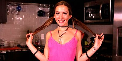 Pigtailed cutie with natural tits Bailey Base strokes a dick