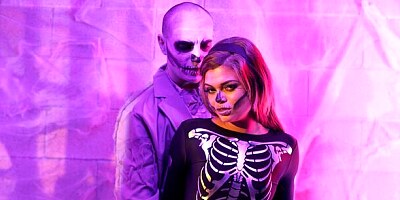 Masked hottie Destiny Cruz jumps on a big dick in the cowgirl pose