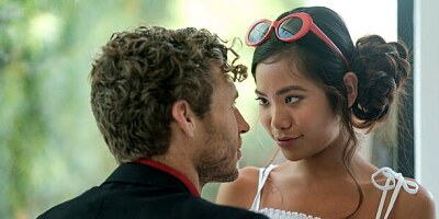 Small-tit Asian model Vina Sky jumps on a big dick with love