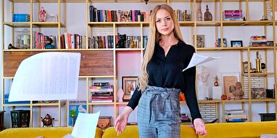 Cute golden teen Loren Strawberry fucked twice on the sofa