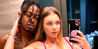 Cute busty model Gabbie Carter jumps on a long black dick