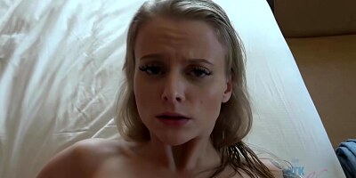 Blue - eyed blonde likes to get cum all over her face after a hardcore fuck session