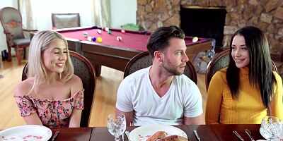 Small titted, blonde honey is getting banged during a family lunch and eating pussy along the way