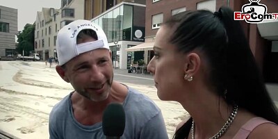 German brunette with nice, firm tits is in the mood for a hardcore fuck, on the couch