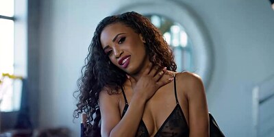 Amazing, ebony babe with long, curly hair, Demi Sutra is getting gangbanged in her living room