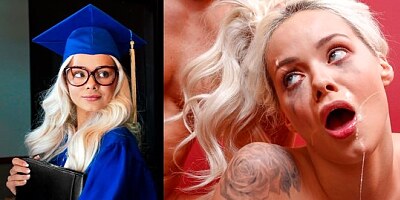 Blonde student after sex in stockings takes cum lover...