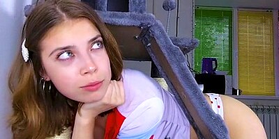 Russian skinny girl in the middle of the stairs in the pose of cancer