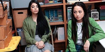 Two young brunettes undressed in front of the guy in the office to eng