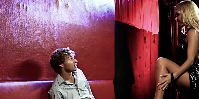 A blonde with small tits is in for a wild cock ride on the sofa