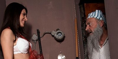 Angelic chick in white stockings Linda Brown fucked by a very old man