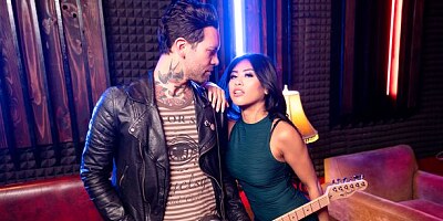 Cute brunette with small tits Ember Snow jumps on a pretty big boner