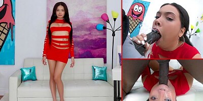 Cute ebony Aaliyah Hadid is sucking a long black snake in POV