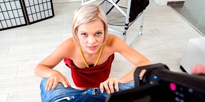 Great-looking blonde Baby Dream screwed in the doggy style pose