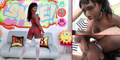 Good-looking ebony model Noemie Bilas sucks a huge white penis