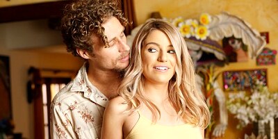 Cute small-tit chick Abby Adams opens her little wet pussy