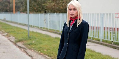 Bleached babe in red lingerie Alive Bell screwed by the road