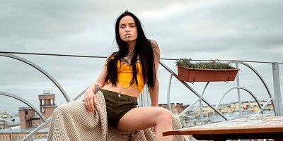 Good-looking leggy brunette Juicy Leyla impaled from behind