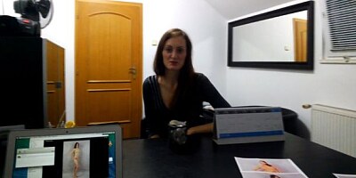Beautiful secretary brunette looks great in the doggy style pose