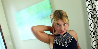 A blonde with blue eyes is sucking on a cock like a pro