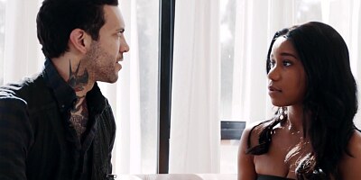 Ebony brunette is fucking a handsome tattooed guy, while her boyfriend is out of town
