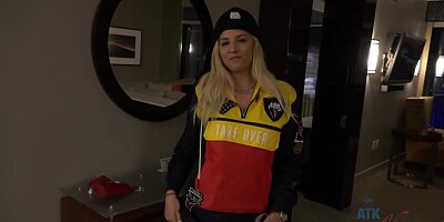 Erotic, blonde babe, Sophia Lux likes to play with her huge dildo, in her bedroom