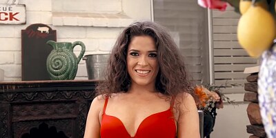 Victoria Voxxx is wearing a red bra while kneeling in front of her lover and deepthroating