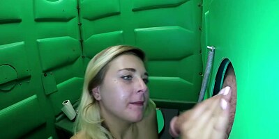 Amateur blonde babe was sucking a massive meat stick through a gloryhole she just found