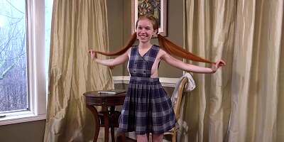 Ginger schoolgirl, Dolly Little is masturbating in front of the camera and moaning while cumming
