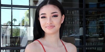 Skinny teen in a red dress, Scarlet Chicagoon is drilling her tight pussy with a huge dildo