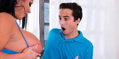 Stunning brunette with huge melons Ashton Blake impaled by a massive young dick