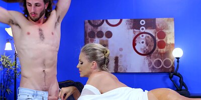 A hot blonde is oiled up and she is filled with a lot of cum