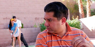 Gorgeous long-legged brunette Rachel Starr fucks with a golf player