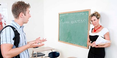 Lusty teacher Brandi Love rides on a big cock in the classroom