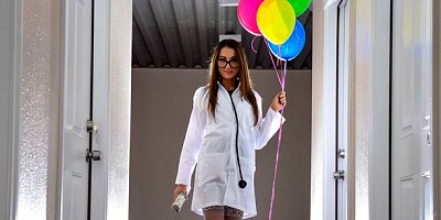 Cute nerdy hottie in stockings Lily Adams impaled in the missionary pose