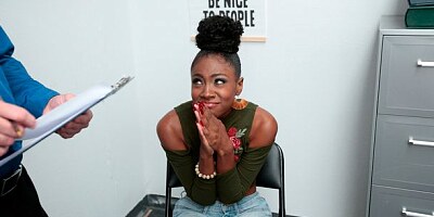 Beautiful ebony chick Anne Amari is sucking a huge white boner in the office