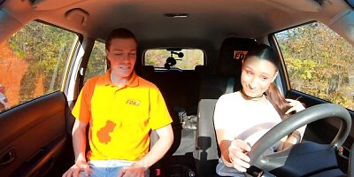 Slender busty brunette Sanny Luke fucked on the backseat