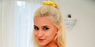 An innocent blonde teen Kiara Cole looks nice with a dick in her mouth