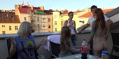 Crazy amateur blowbang action with two dick-swallowing teens