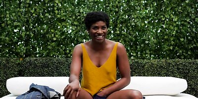 Short-haired ebony chick is sucking a huge white dick