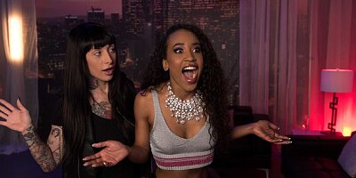 Two babes Demi Sutra and Karma RX are fucking on the sofa