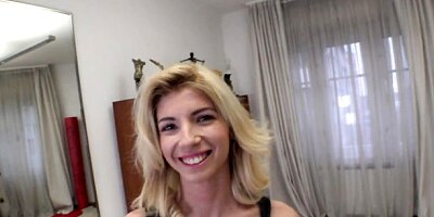 Lovely young blonde Missy Luv is sucking a dick with a smile