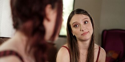 Sexy babes Sabina Rouge and Izzy Lush fuck on the vintage sofa